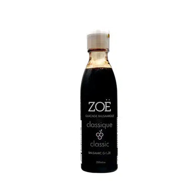 Bottle of Zoe classic balsamic glaze on a white background