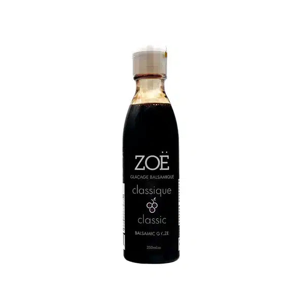 Bottle of Zoe classic balsamic glaze on a white background