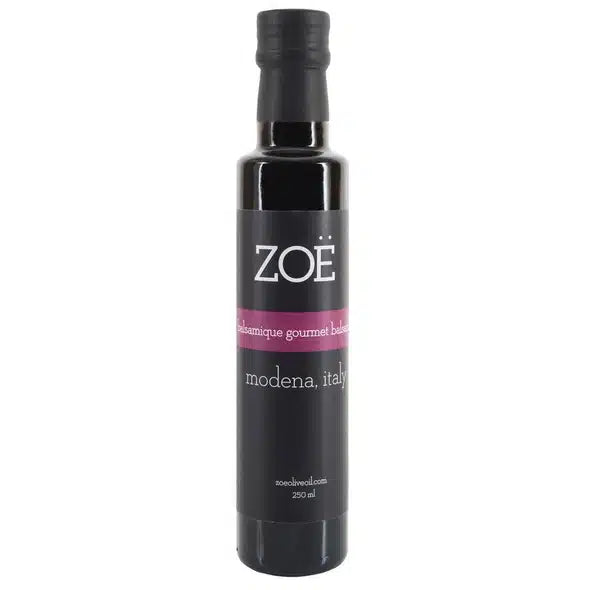 Bottle of Zoe gourmet balsamic on a white background