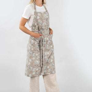 block print apron on model