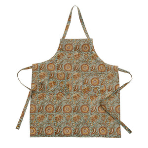Floral dahlia patterned apron on a white background