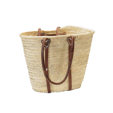 Straw Shopping Bag with Leather Shoulder Straps