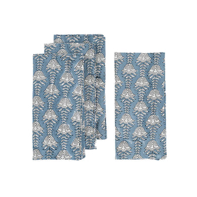 blue and white bluebell flower block printed cotton napkins