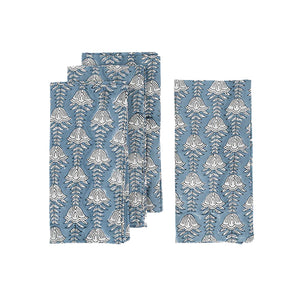 blue and white bluebell flower block printed cotton napkins