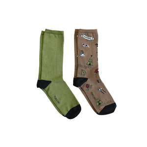 Pima Cotton Socks Forage 2 Pack- Green and beige socks with camping product pattern