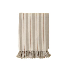 Striped beige and cream cotton blanket with tassels on a white background