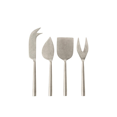 Set of four tumbled stainless steel cheese knives on a white background