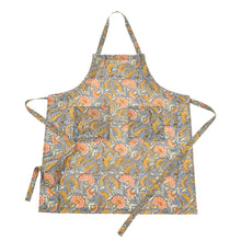 Orange yellow and pink floral patterned apron with a blue-grey base on a white background