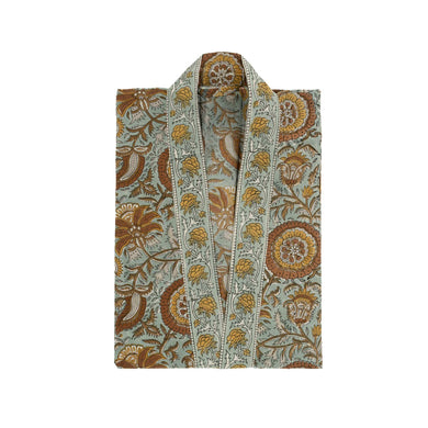 Folded block print kimono with dahlia print