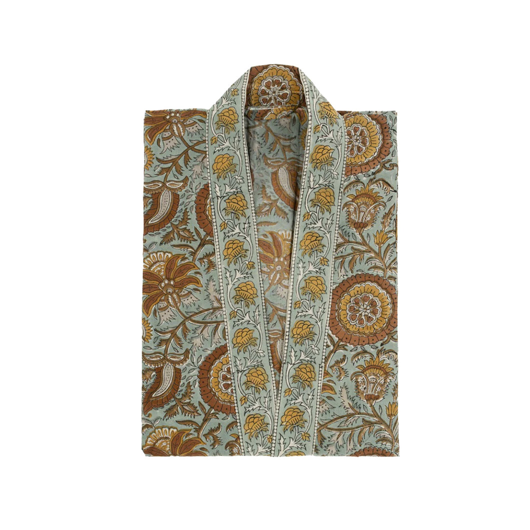 Folded block print kimono with dahlia print