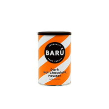 Can of Baru dark chocolate powder with orange and white design on a white background