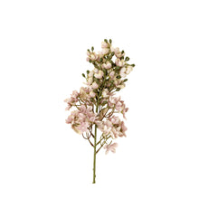 Artificial flower branch with pink flowers and green leaves on a white background