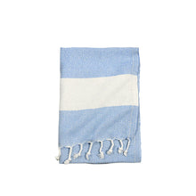 Blue and white patterned towel with tassels on a white background