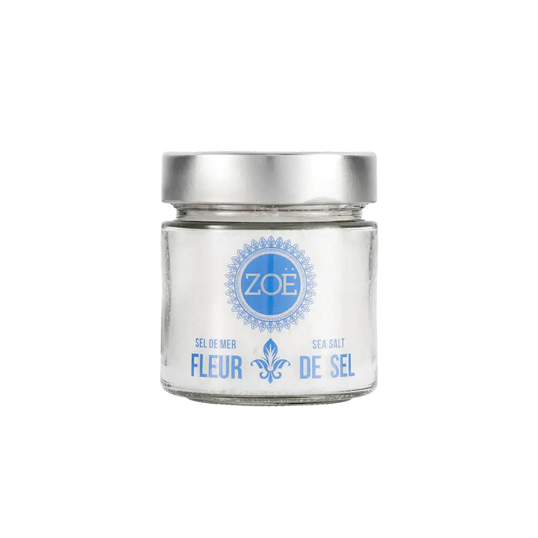 Jar of Zoe Fleur de Sel sea salt on a white background