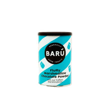 Can of Baru fluffy marshmallow chocolate powder with blue and white design on a white background