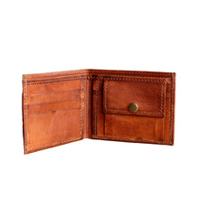 brown leather bi-fold wallet open with coin pouch