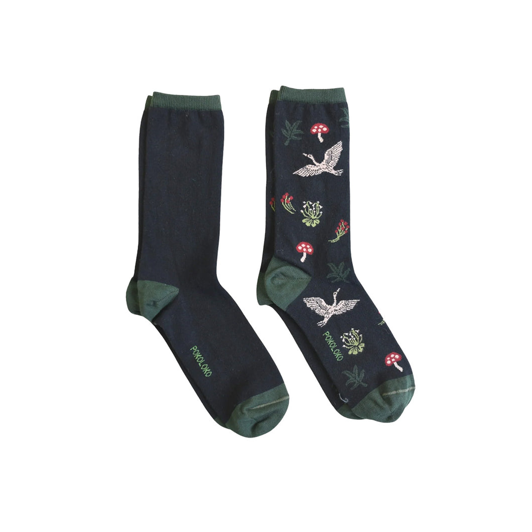 Pima Cotton Socks Forage 2 Pack- Black and green socks with mushrooms, plants, leaves, and birds pattern