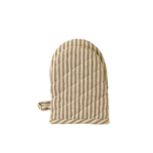 Sand colour and cream striped short oven mitt with hanging loop on a white background