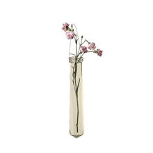 Clear glass tube shaped hanging vase with pink flowers on a white background