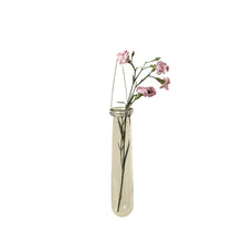 Clear glass tube shaped hanging vase with pink flowers on a white background