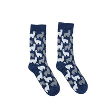 Pair of navy blue socks with alpaca pattern on a white background