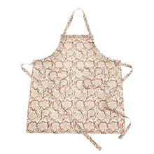 Pink and green floral patterned apron with a white base on a white background