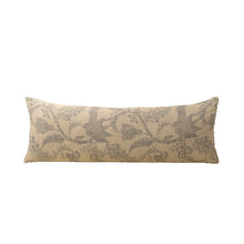 Decorative pillow with beige and grey blue floral pattern on a white background