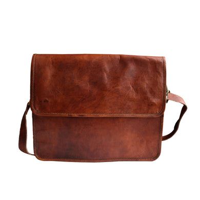 brown leather messenger bag front