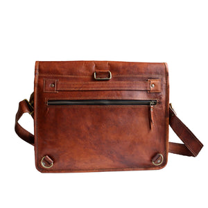 brown leather messenger bag back