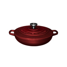 Red cast iron cookware braiser pot with lid on a white background