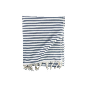 Navy striped Turkish cotton towel with tassels 