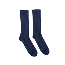 Pair of navy alpaca socks with a small Pokoloko  logo on a white background