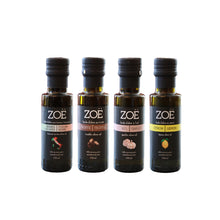 Four bottles of Zoe olive oil with different flavours on a white background