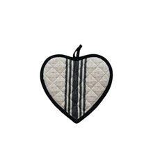 Heart-shaped pot holder with striped design on a white background