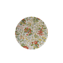 Patterned botanical stoneware printed plate with peach flowers on a white background