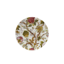 Patterned botanical stoneware printed plate with purple flowers on a white background