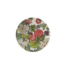 Patterned botanical stoneware printed plate with red flowers on a white background