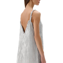 Strappy crinkle cotton dress with grey and white stripes and a frayed edge from back