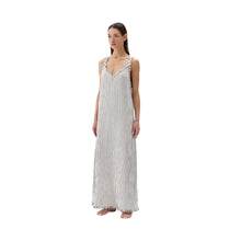 Strappy crinkle cotton dress with grey and white stripes and a frayed edge from front