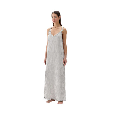 Strappy crinkle cotton dress with grey and white stripes and a frayed edge from front