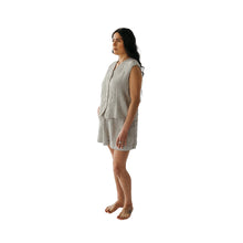 model in striped cotton muslin crinkle shorts and tank front 