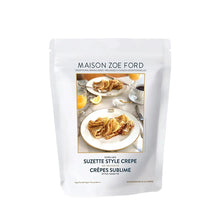 Maison Zoe Ford crepe mix packaging with a photo of crepes on a white background