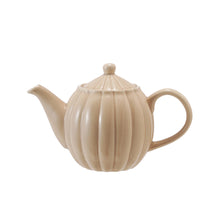 Cream stoneware fluted/ribbed teapot with lid and reactive glaze