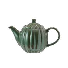 Green stoneware fluted/ribbed teapot with lid and reactive glaze