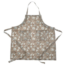 Navy and white floral patterned apron with a grey base on a white background