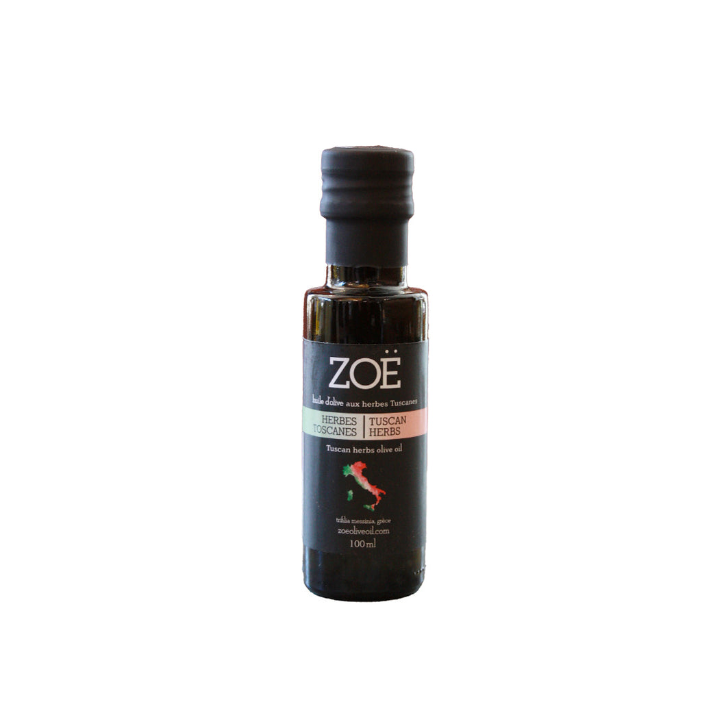 Bottle of Zoe tuscan herbs olive oil on a white background