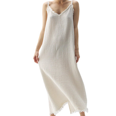 Cream crinkle strappy dress with frayed edges from the front