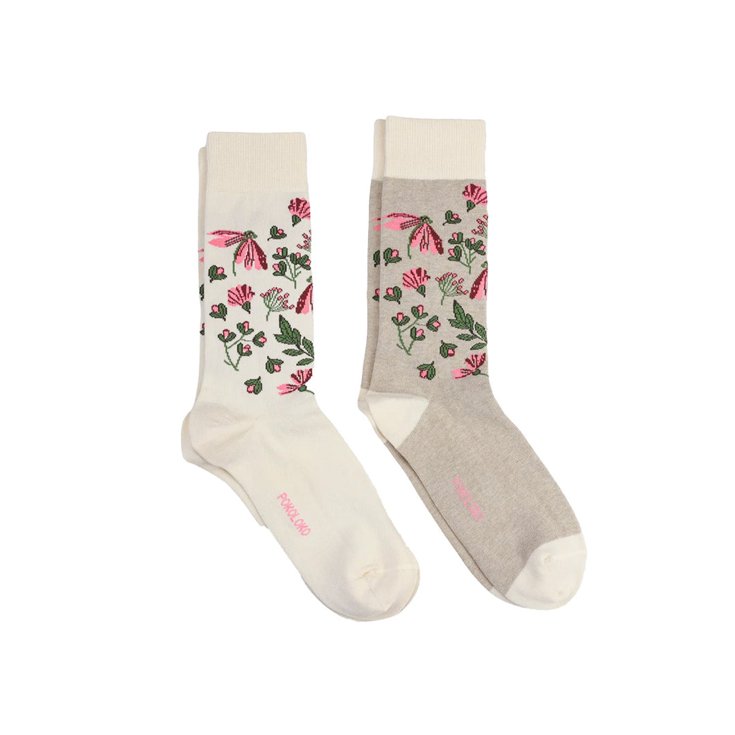 Pima Cotton Socks Wildflower 2 Pack- Beige and Cream with Floral Pattern